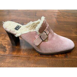 Stuart Weitzman Pink Suede Lambswool Lined Mule Heels Buckled, Size 7.5